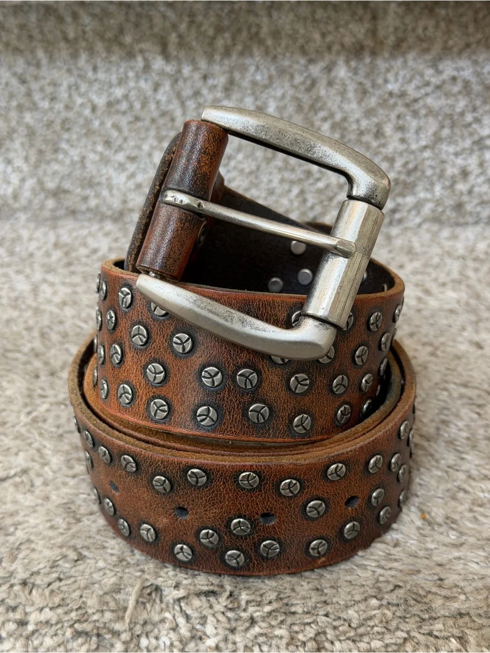 Bill Adler Design Brown Leather Belt w Silver Studs. Western. Cowboy. Sz 36. EUC